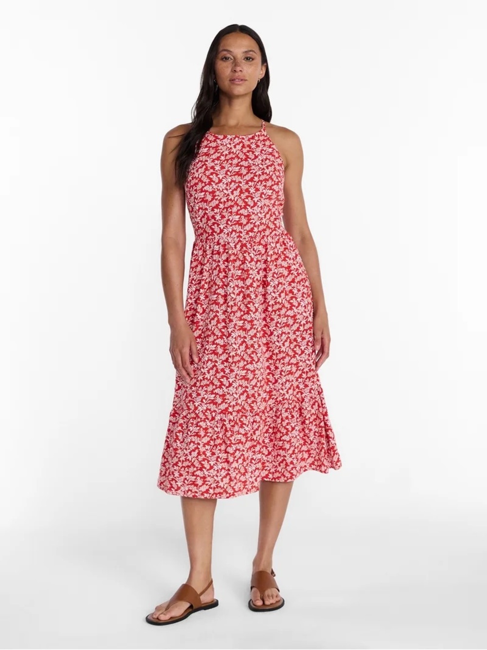Time and Tru Women's Linen Blend Lace Up Halter Midi Dress NWT